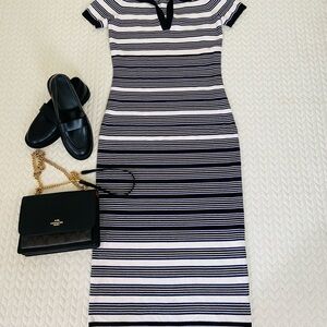 Elie Tahari neavy and White Striped Midi Dress